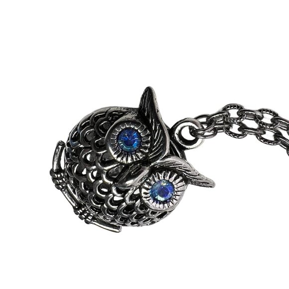 Puffy 3D Owl Pendant with Periwinkle Rhinestone Eyes Antique Silver Tone - Picture 4 of 9